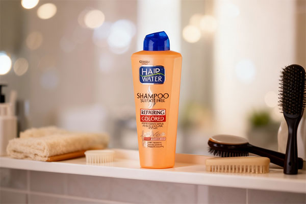 شامپو موهای رنگ شده هیر واتر کامان روی قفسه حمام