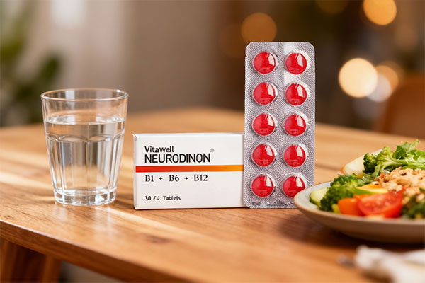 قرص نورودینون ویتاول کنار وعده غذایی سالم