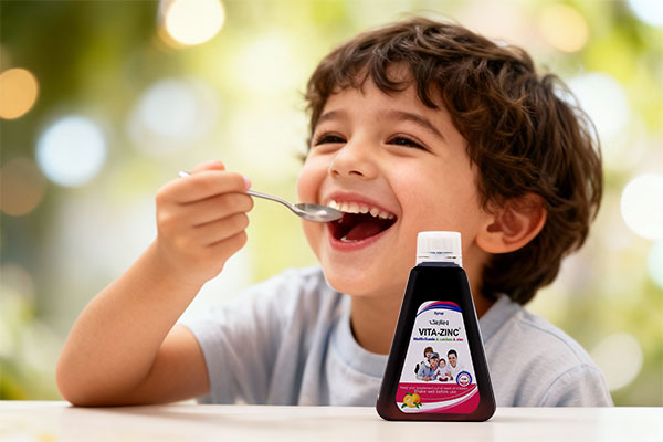 کودک در حال مصرف شربت ویتا زینک خوارزمی با لبخند