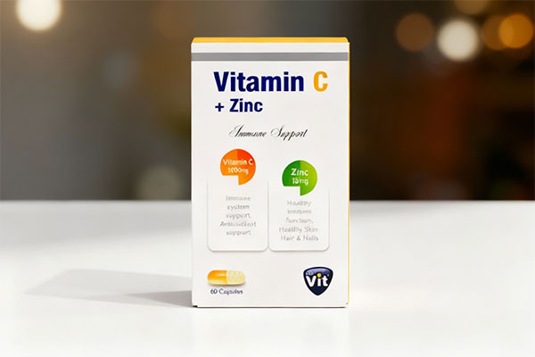 کپسول ویتامین سی 500 و زینک استار ویت روی سطح سفید