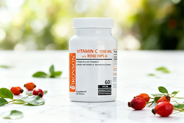 قرص ویتامین سی 1000 و رزهیپس برونسون روی سطح مرمری با برگ و رزهیپ