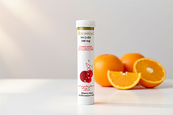 بسته‌بندی قرص جوشان ویتامین سی و زینک 500 برونسون با میوه‌های تازه