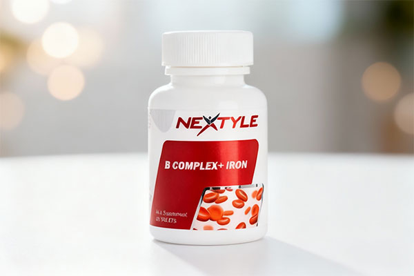 قرص ب کمپلکس و آهن نکستایل روی سطح سفید