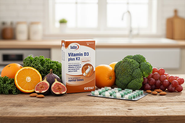 مکمل ویتامین د3 پلاس کا2 یوروویتال همراه با مواد غذایی غنی از کلسیم