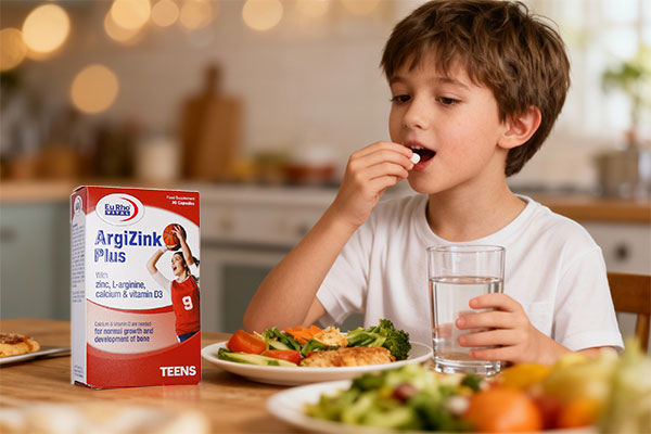 کودک در حال مصرف کپسول آرژی زینک پلاس یوروویتال همراه صبحانه
