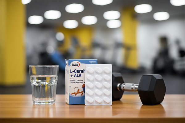 قرص ال کارنیتین + آ ال آ یوروویتال در کنار تجهیزات ورزشی