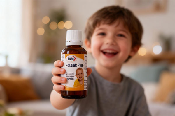 کودک با قطره فول زینک پلاس یوروویتال در دست