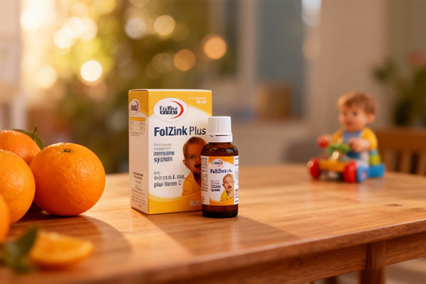 قطره فول زینک پلاس یوروویتال روی میز با پرتقال