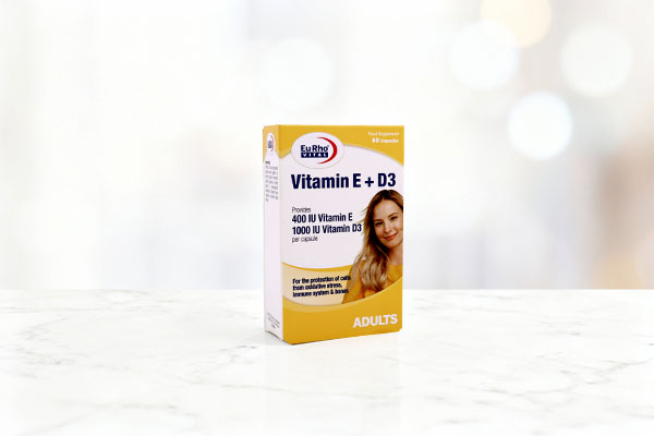 بسته‌بندی کپسول ویتامین ای و د3 یوروویتال روی سطح سفید