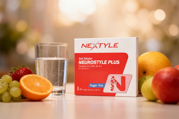 ویال نورواستایل پلاس نکستایل کنار لیوان آب و میوه