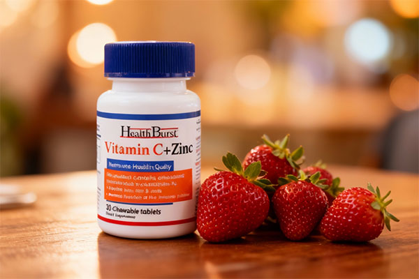 قرص جویدنی ویتامین سی و زینک هلث برست کنار توت فرنگی