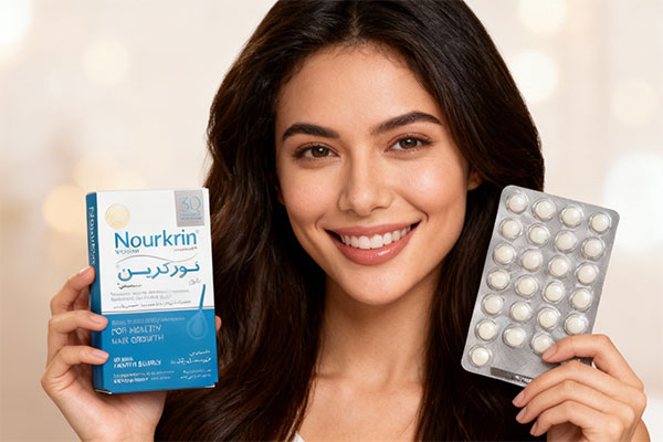 زن با موهای سالم و ضخیم در حال نمایش قرص نورکرین بانوان