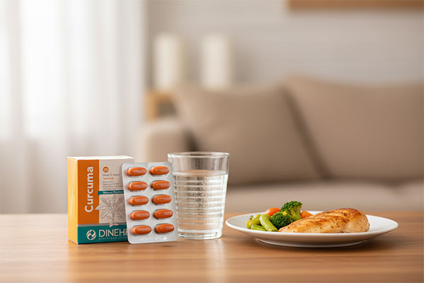 قرص کورکوما دینه کنار غذا و آب برای مصرف روزانه