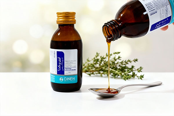 ریختن شربت گیاهی آوی پکت از قاشق با پس‌زمینه آویشن