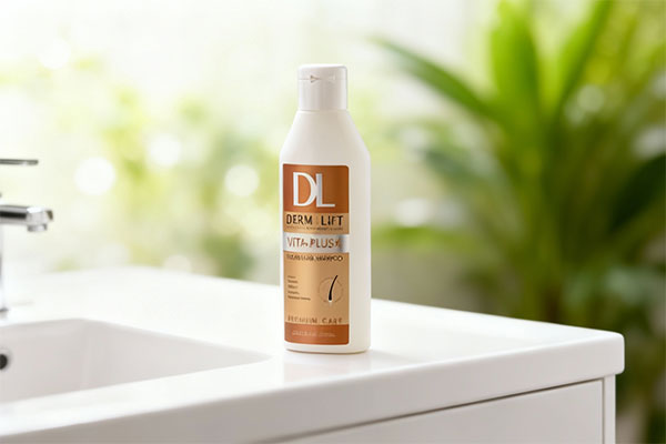 شامپو موهای کراتینه ویتا پلاس کی درمالیفت روی پیشخوان حمام