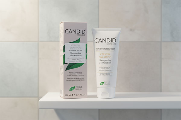شامپو کراتینه بدون سولفات کاندید روی قفسه حمام
