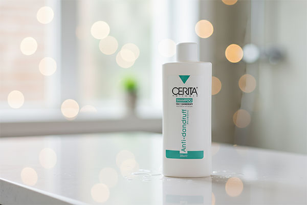 شامپو ضد شوره موهای چرب سریتا روی پیشخوان حمام