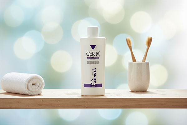 شامپو مینوتا سریتا برای موهای خشک روی قفسه حمام