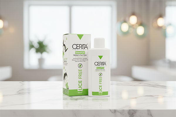 شامپو ضد شپش لایس فری سریتا روی پیشخوان حمام