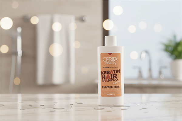 شامپو بدون سولفات موهای کراتینه سریتا روی پیشخوان حمام