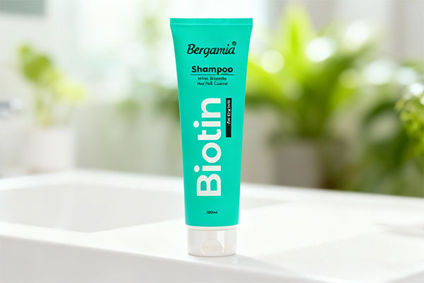 شامپو مولتی ویتامین موهای خشک برگامیا روی پیشخوان حمام