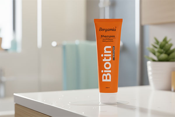 شامپو مولتی ویتامین و ضدآلودگی موهای چرب برگامیا روی پیشخوان حمام