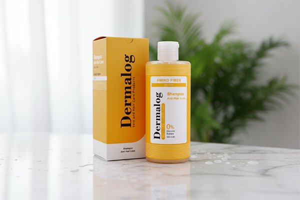 شامپو ضد ریزش مو درمالوگ روی پیشخوان حمام