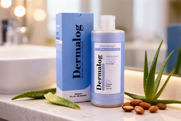 شامپو تقویت کننده و ضد شوره موهای خشک درمالوگ در کنار مواد طبیعی