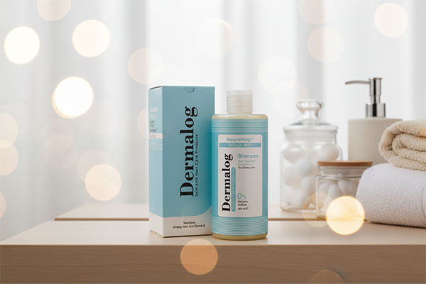 شامپو تقویت کننده و ضد شوره موهای چرب درمالوگ روی قفسه حمام