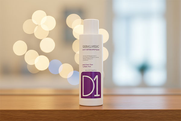 شامپو ضد ریزش درمومدیک روی قفسه حمام