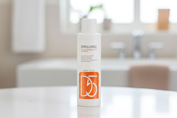 شامپو متعادل کننده چربی سر D2 درمومدیک روی پیشخوان حمام