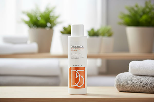 شامپو موهای خشک و آسیب دیده D5 درمومدیک روی قفسه حمام