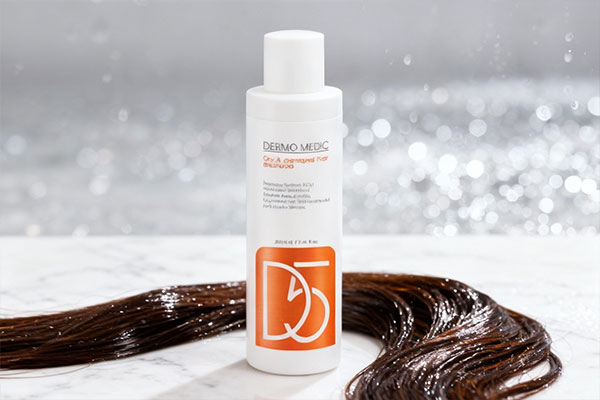 شامپو D5 درمومدیک کنار موهای مرطوب و براق