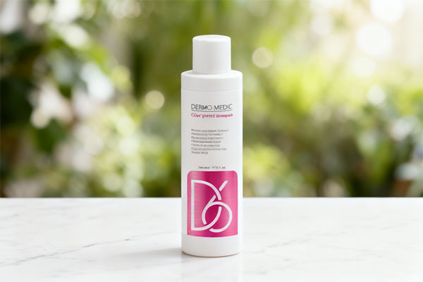 شامپو موهای رنگ شده D6 درمومدیک روی سطح مرمر سفید