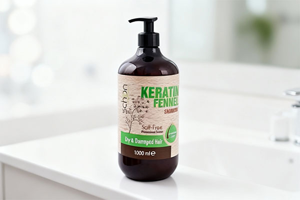 شامپو ترمیم کننده کراتین شون روی پیشخوان حمام