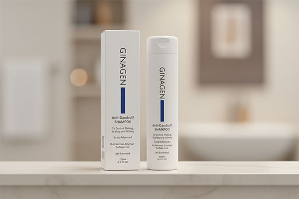 شامپو ضد شوره ژیناژن برای موهای خشک و نرمال روی قفسه حمام