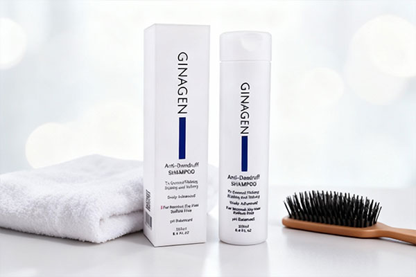 شامپو ضد شوره موهای خشک ژیناژن کنار حوله و برس مو