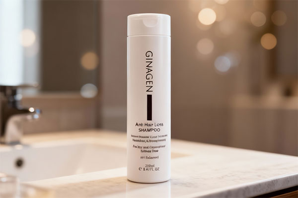 شامپو ضد ریزش موهای رنگ شده ژیناژن روی پیشخوان حمام