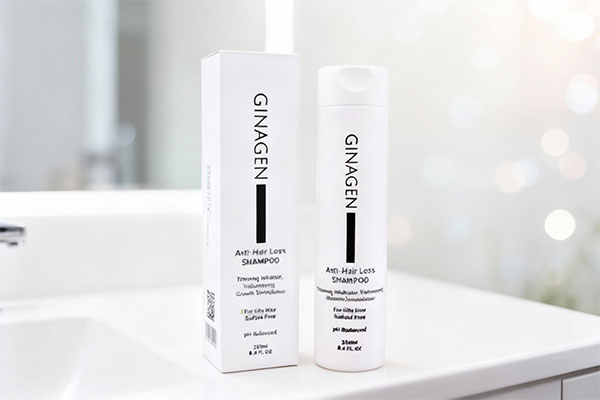 شامپو ضد ریزش موهای چرب ژیناژن روی پیشخوان حمام