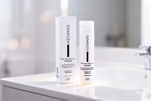 شامپو ضد ریزش روزانه ژیناژن روی میز حمام سفید