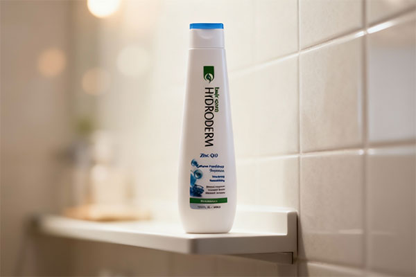 شامپو تقویت کننده زینک و کیوتن هیدرودرم روی قفسه حمام