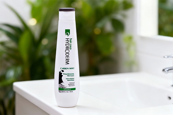 شامپو زغال و نعناع هیدرودرم روی پیشخوان حمام