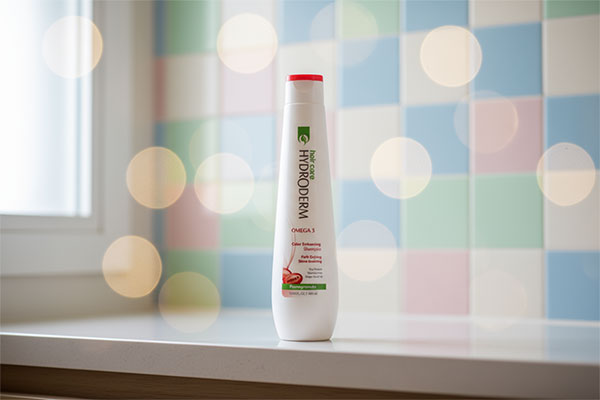 شامپو تثبیت کننده رنگ مو امگا 3 هیدرودرم روی قفسه حمام