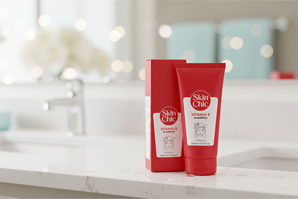 شامپو موهای رنگ شده ویتامین ای اسکین شیک روی میز حمام