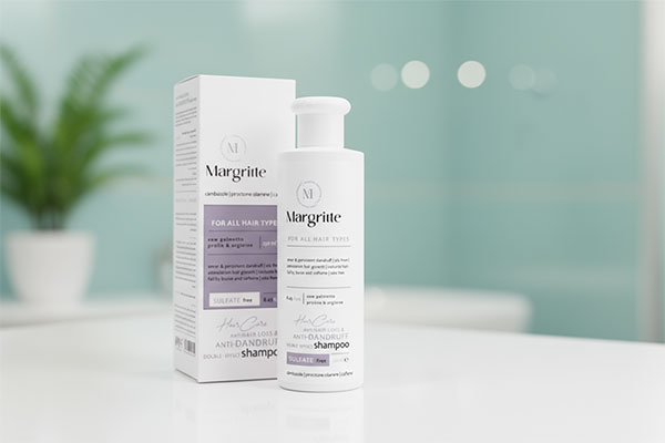 بطری شامپو ضد شوره و تقویتی دابل افکت مارگریت روی پیشخوان حمام