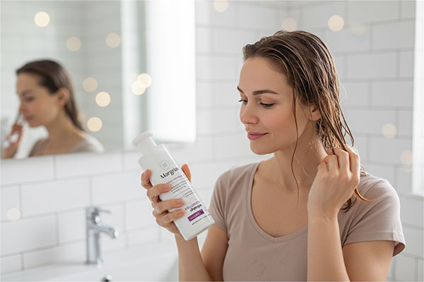 شامپو حجم دهنده موهای نازک مارگریت در حال استفاده