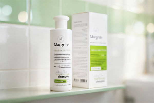 شامپو تقویت‌کننده موهای چرب مارگریت روی قفسه حمام