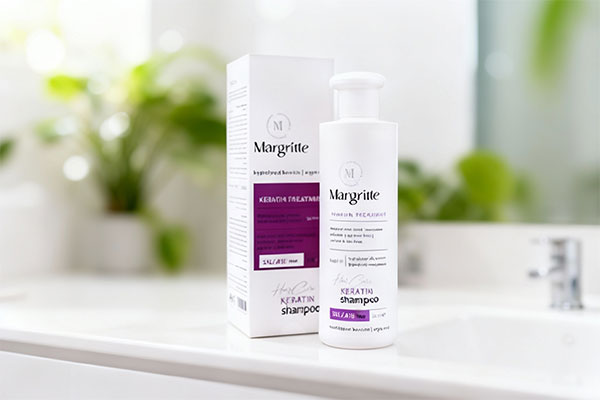 شامپو موهای کراتینه شده مارگریت روی پیشخوان حمام