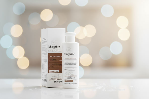 شامپو ضد ریزش کافئین مارگریت روی پیشخوان حمام
