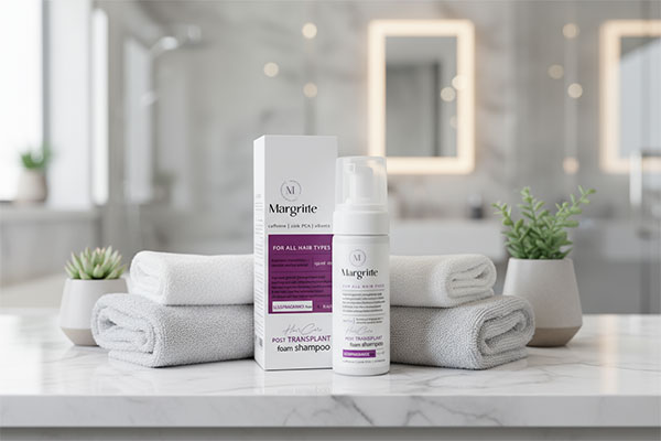 شامپو فوم پس از کاشت مو مارگریت روی پیشخوان حمام